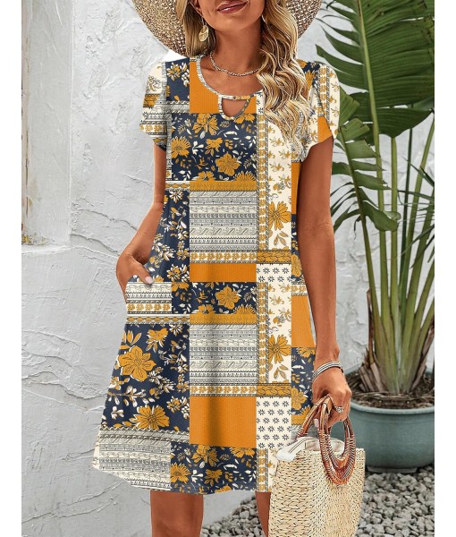 Zeagoo Women's Casual A-Line Dresses with Pockets Summer Floral Tshirt Dress Short Sleeve Mini Dress Flowy Sundresses