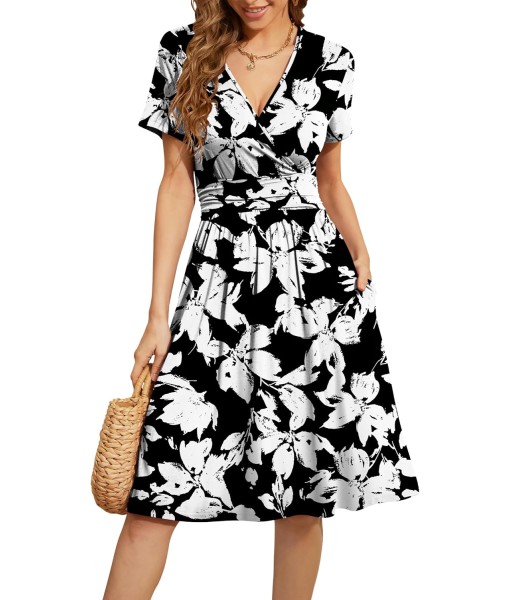 WEACZZY Women's Summer Short Sleeve Casual Dresses V-Neck Floral Party Dress with Pockets