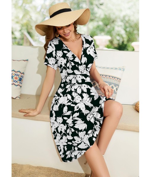 WEACZZY Women's Summer Short Sleeve Casual Dresses V-Neck Floral Party Dress with Pockets