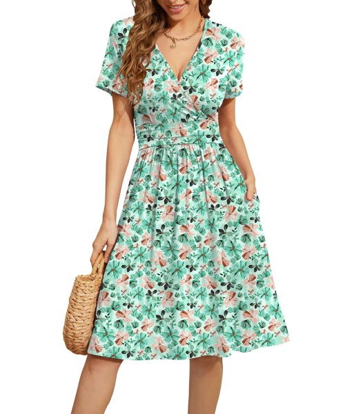 WEACZZY Women's Summer Short Sleeve Casual Dresses V-Neck Floral Party Dress with Pockets