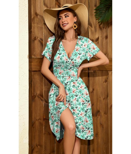 WEACZZY Women's Summer Short Sleeve Casual Dresses V-Neck Floral Party Dress with Pockets