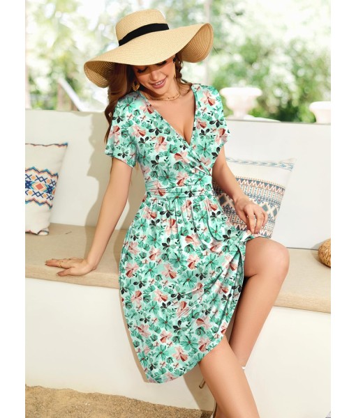 WEACZZY Women's Summer Short Sleeve Casual Dresses V-Neck Floral Party Dress with Pockets