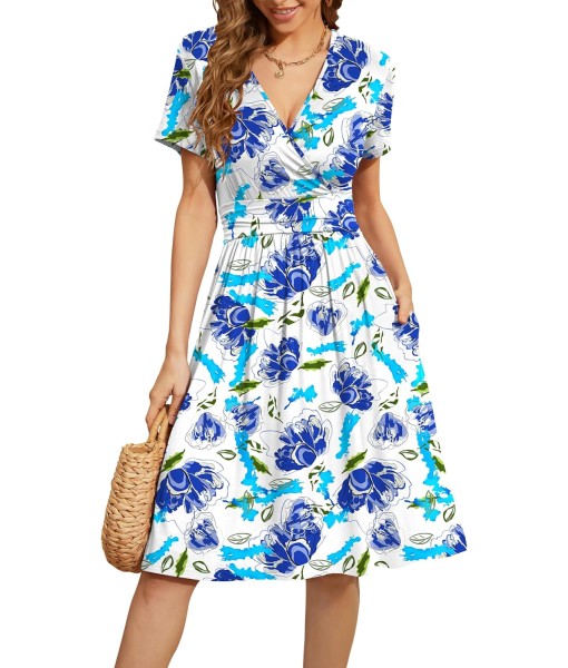 WEACZZY Women's Summer Short Sleeve Casual Dresses V-Neck Floral Party Dress with Pockets