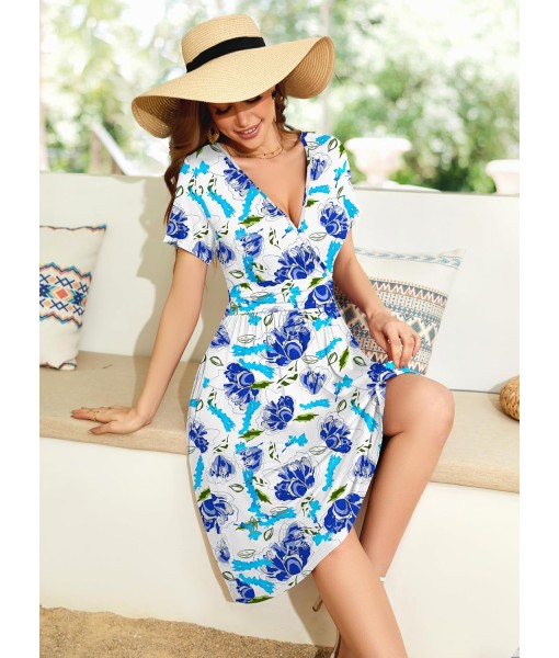 WEACZZY Women's Summer Short Sleeve Casual Dresses V-Neck Floral Party Dress with Pockets