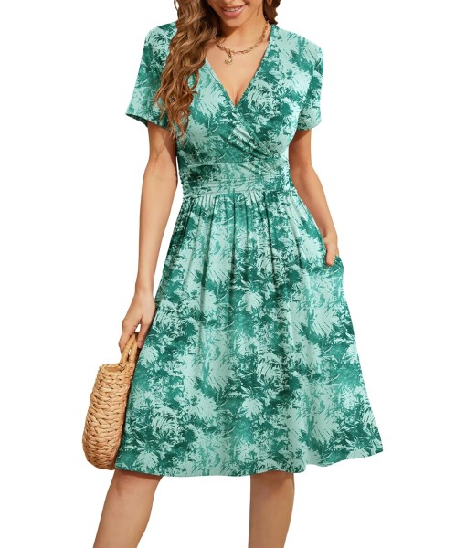 WEACZZY Women's Summer Short Sleeve Casual Dresses V-Neck Floral Party Dress with Pockets