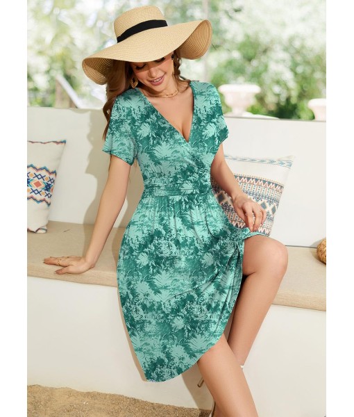 WEACZZY Women's Summer Short Sleeve Casual Dresses V-Neck Floral Party Dress with Pockets