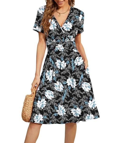 WEACZZY Women's Summer Short Sleeve Casual Dresses V-Neck Floral Party Dress with Pockets