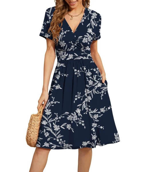 WEACZZY Women's Summer Short Sleeve Casual Dresses V-Neck Floral Party Dress with Pockets