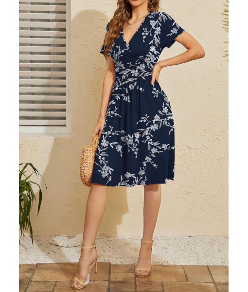 WEACZZY Women's Summer Short Sleeve Casual Dresses V-Neck Floral Party Dress with Pockets