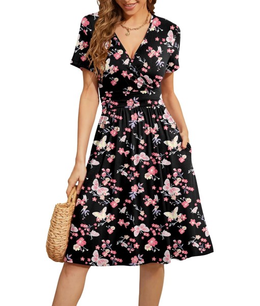 WEACZZY Women's Summer Short Sleeve Casual Dresses V-Neck Floral Party Dress with Pockets