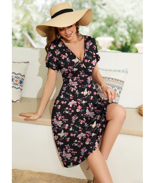 WEACZZY Women's Summer Short Sleeve Casual Dresses V-Neck Floral Party Dress with Pockets