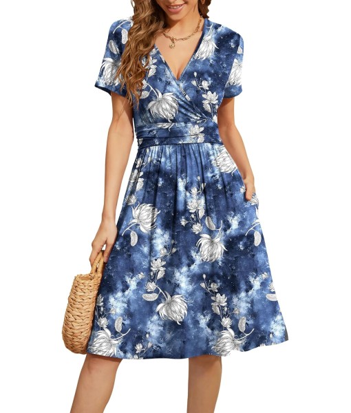 WEACZZY Women's Summer Short Sleeve Casual Dresses V-Neck Floral Party Dress with Pockets
