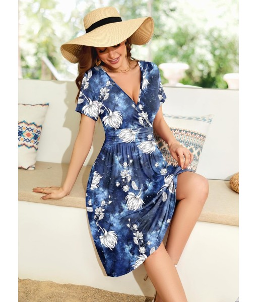 WEACZZY Women's Summer Short Sleeve Casual Dresses V-Neck Floral Party Dress with Pockets