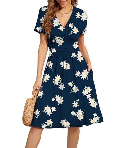 WEACZZY Women's Summer Short Sleeve Casual Dresses V-Neck Floral Party Dress with Pockets