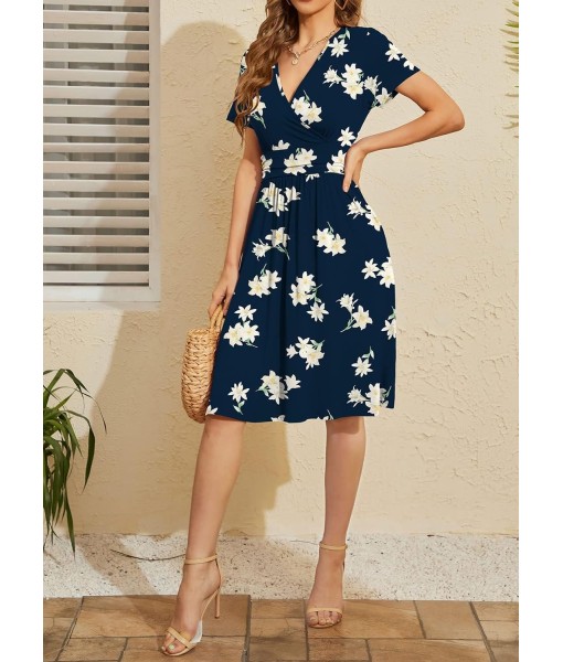 WEACZZY Women's Summer Short Sleeve Casual Dresses V-Neck Floral Party Dress with Pockets