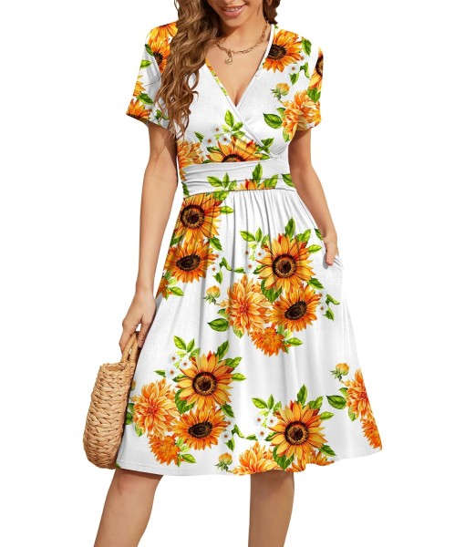 WEACZZY Women's Summer Short Sleeve Casual Dresses V-Neck Floral Party Dress with Pockets