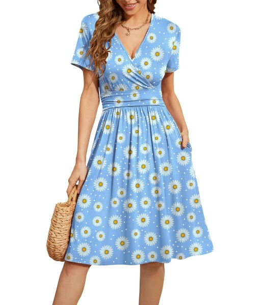 WEACZZY Women's Summer Short Sleeve Casual Dresses V-Neck Floral Party Dress with Pockets