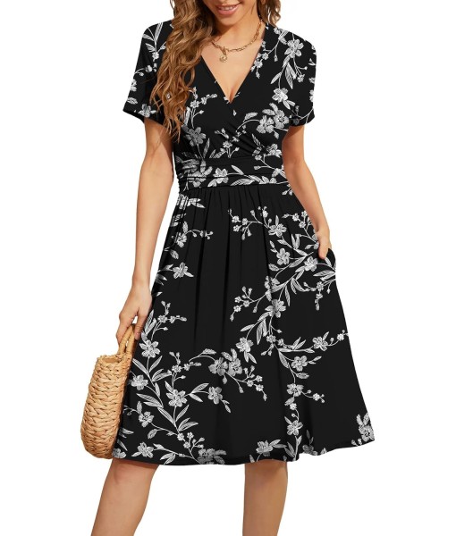 WEACZZY Women's Summer Short Sleeve Casual Dresses V-Neck Floral Party Dress with Pockets