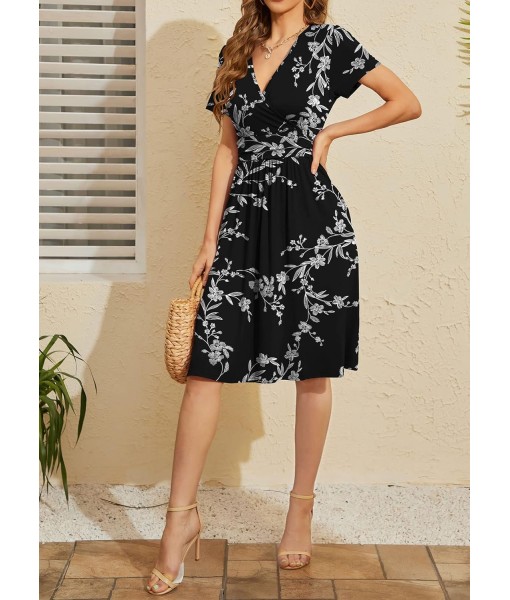 WEACZZY Women's Summer Short Sleeve Casual Dresses V-Neck Floral Party Dress with Pockets