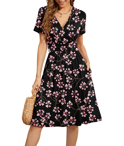 WEACZZY Women's Summer Short Sleeve Casual Dresses V-Neck Floral Party Dress with Pockets