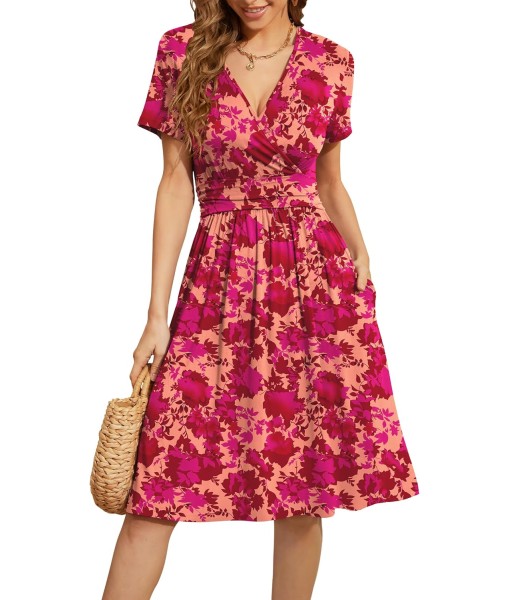 WEACZZY Women's Summer Short Sleeve Casual Dresses V-Neck Floral Party Dress with Pockets