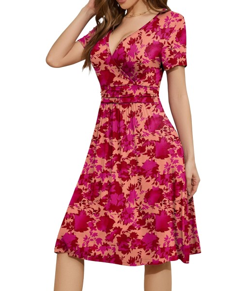 WEACZZY Women's Summer Short Sleeve Casual Dresses V-Neck Floral Party Dress with Pockets