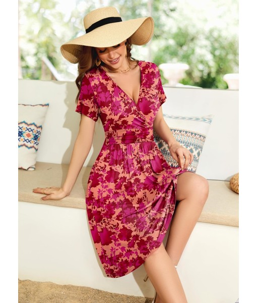 WEACZZY Women's Summer Short Sleeve Casual Dresses V-Neck Floral Party Dress with Pockets