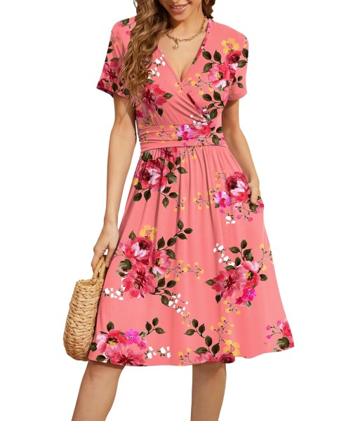 WEACZZY Women's Summer Short Sleeve Casual Dresses V-Neck Floral Party Dress with Pockets