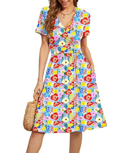 WEACZZY Women's Summer Short Sleeve Casual Dresses V-Neck Floral Party Dress with Pockets