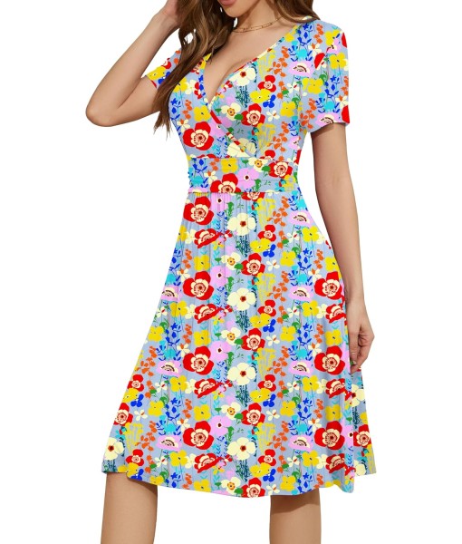 WEACZZY Women's Summer Short Sleeve Casual Dresses V-Neck Floral Party Dress with Pockets