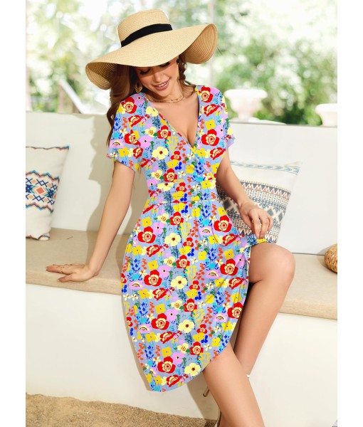 WEACZZY Women's Summer Short Sleeve Casual Dresses V-Neck Floral Party Dress with Pockets