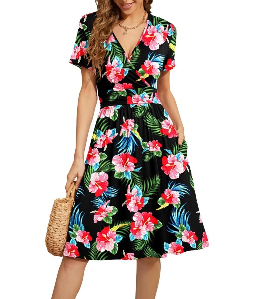 WEACZZY Women's Summer Short Sleeve Casual Dresses V-Neck Floral Party Dress with Pockets