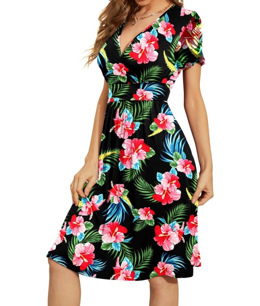 WEACZZY Women's Summer Short Sleeve Casual Dresses V-Neck Floral Party Dress with Pockets