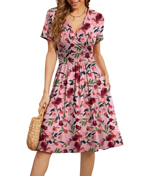 WEACZZY Women's Summer Short Sleeve Casual Dresses V-Neck Floral Party Dress with Pockets