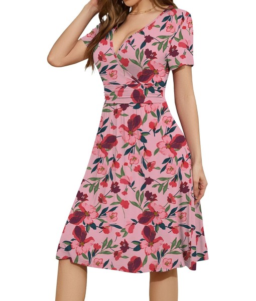 WEACZZY Women's Summer Short Sleeve Casual Dresses V-Neck Floral Party Dress with Pockets
