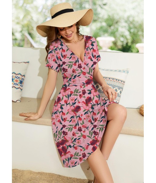 WEACZZY Women's Summer Short Sleeve Casual Dresses V-Neck Floral Party Dress with Pockets