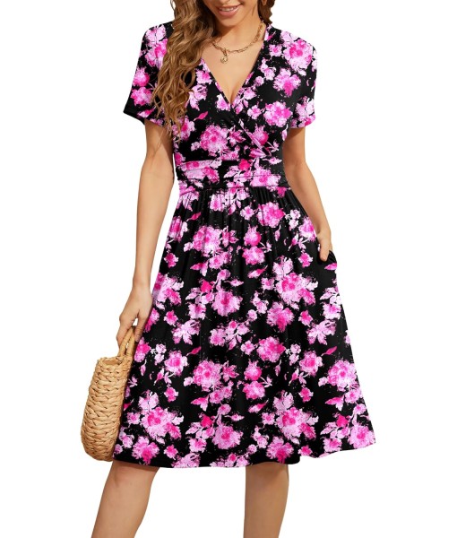 WEACZZY Women's Summer Short Sleeve Casual Dresses V-Neck Floral Party Dress with Pockets
