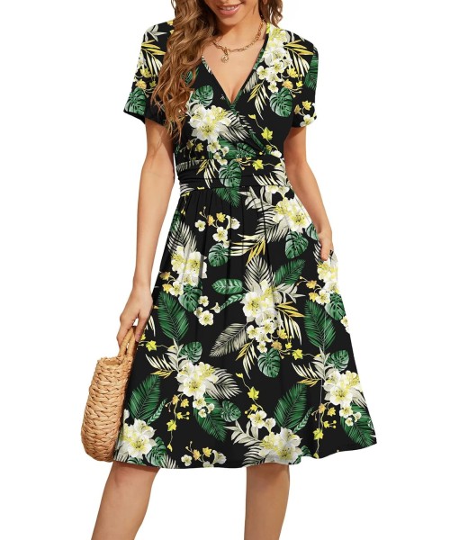 WEACZZY Women's Summer Short Sleeve Casual Dresses V-Neck Floral Party Dress with Pockets