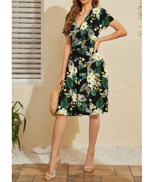 WEACZZY Women's Summer Short Sleeve Casual Dresses V-Neck Floral Party Dress with Pockets