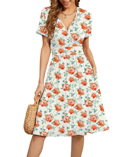 WEACZZY Women's Summer Short Sleeve Casual Dresses V-Neck Floral Party Dress with Pockets