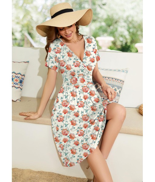 WEACZZY Women's Summer Short Sleeve Casual Dresses V-Neck Floral Party Dress with Pockets