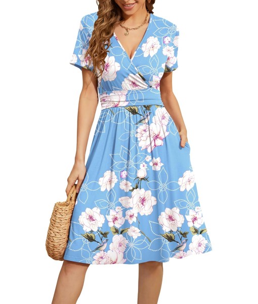 WEACZZY Women's Summer Short Sleeve Casual Dresses V-Neck Floral Party Dress with Pockets