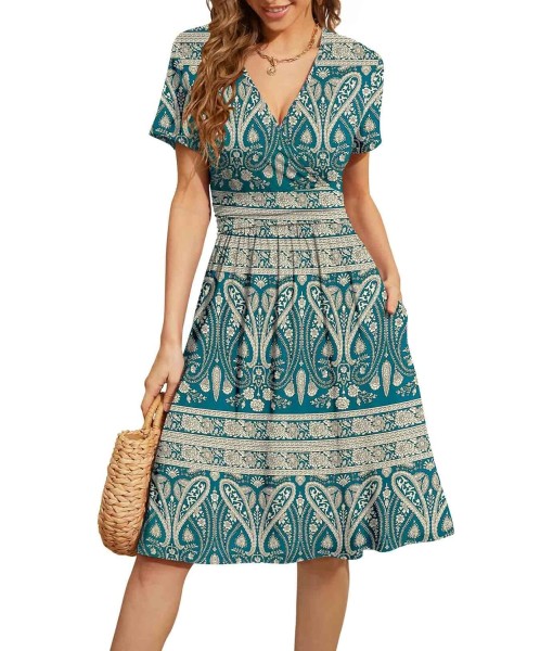 WEACZZY Women's Summer Short Sleeve Casual Dresses V-Neck Floral Party Dress with Pockets