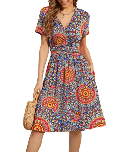 WEACZZY Women's Summer Short Sleeve Casual Dresses V-Neck Floral Party Dress with Pockets