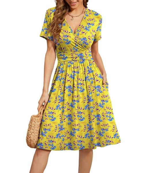 WEACZZY Women's Summer Short Sleeve Casual Dresses V-Neck Floral Party Dress with Pockets