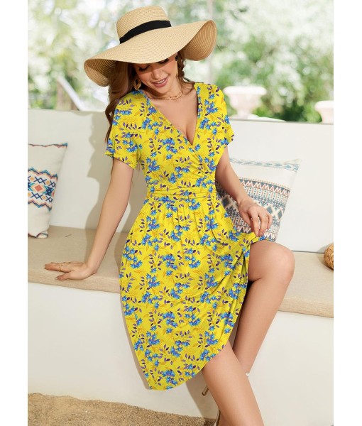 WEACZZY Women's Summer Short Sleeve Casual Dresses V-Neck Floral Party Dress with Pockets