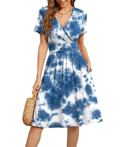 WEACZZY Women's Summer Short Sleeve Casual Dresses V-Neck Floral Party Dress with Pockets