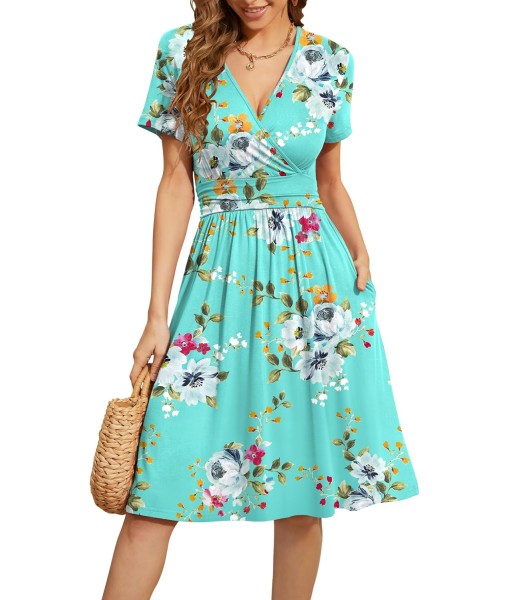 WEACZZY Women's Summer Short Sleeve Casual Dresses V-Neck Floral Party Dress with Pockets