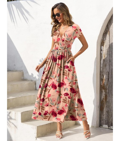 Gracyoga Women's Summer Dresses 2025 Short Sleeve Maxi Dress Casual V Neck Flowy Sundress with Pockets