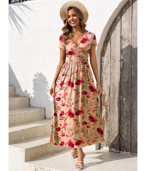 Gracyoga Women's Summer Dresses 2025 Short Sleeve Maxi Dress Casual V Neck Flowy Sundress with Pockets